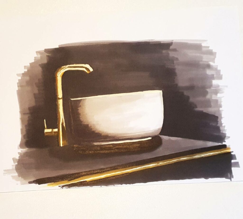 Croquis d'une vasque blanche et d'un mitigeur doré